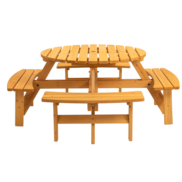 8-Person Outdoor Circular Wooden Picnic Table with 3 Built-in Benches for Patio Backyard Garden, Natural