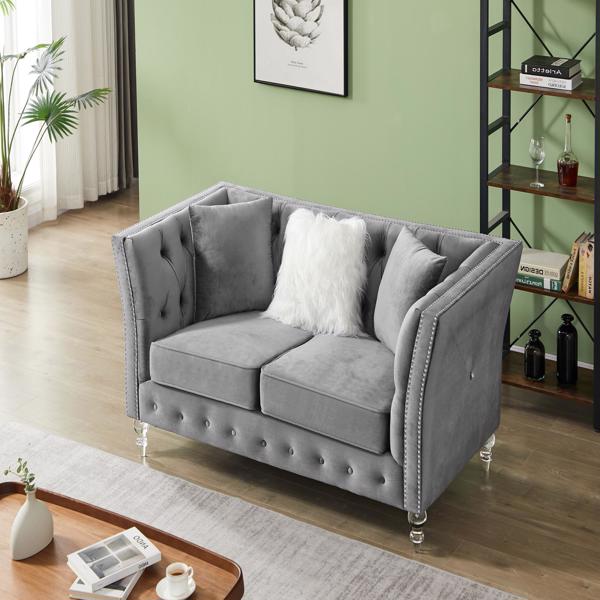 Gray, Velvet, 2+3 Seat Sofa Set, Acrylic Feet, Cushion Combination Lounge Sofa, Deep Tufted Button Luxury Sofa for Living Room