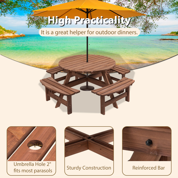 8-Person Outdoor Circular Wooden Picnic Table with 4 Built-in Benches for Patio Backyard Garden, Brown