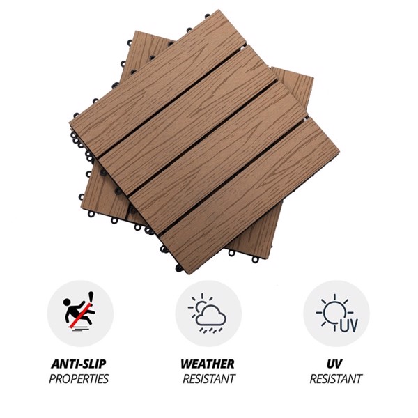12" x 12" Interlocking Deck Tiles, Pack of 11 Outdoor Flooring Patio Tiles-Teak-AS (Swiship-Ship)（Prohibited by WalMart）