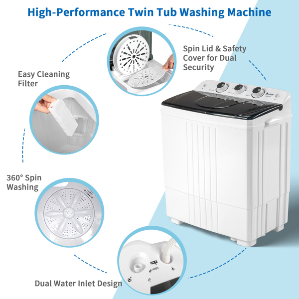 Twin Tub with Built-in Drain Pump XPB45-428S 20Lbs Semi-automatic Twin Tube Washing Machine for Apartment, Dorms, RVs, Camping and More, White&Black US Standard