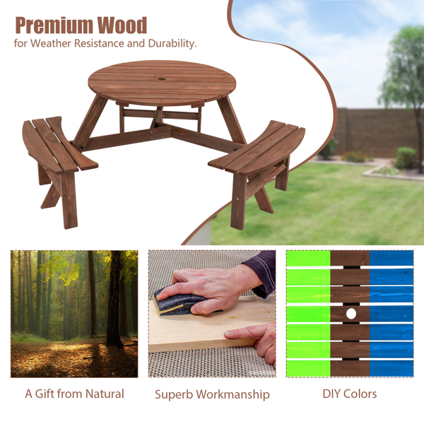 6-Person Outdoor Circular Wooden Picnic Table with 3 Built-in Benches for Patio Backyard Garden, Brown