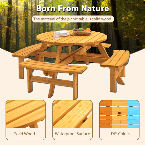 8-Person Outdoor Circular Wooden Picnic Table with 3 Built-in Benches for Patio Backyard Garden, Natural