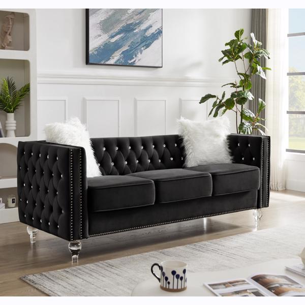 Black, Three-seater Sofa, Velvet Crystal Buckle Upholstery Sofa, Crystal Feet, Removable Cushion, Two Plush Pillow
