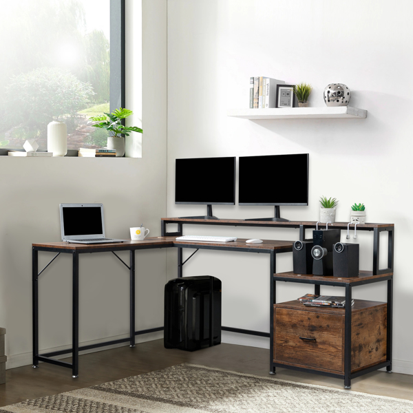 FCH Retro Wood Grain Triamine Surface Particleboard Black Iron Pipe L-shaped Shelf with File Drawer Cabinet 2*USB Port 2*Three Sockets Wireless Charging Computer Desk