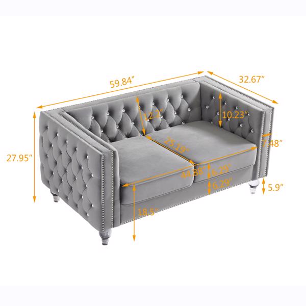 Gray, Two-seater Sofa, Velvet Crystal Buckle Upholstery Sofa, Crystal Feet, Removable Cushion, Two Plush Pillow