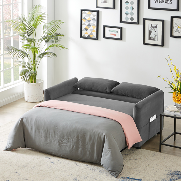 Double seat sofa bed sofa with pull-out bed, adjustable backrest with 2 lumbar pillows for small living rooms, apartments, etc.-Gray