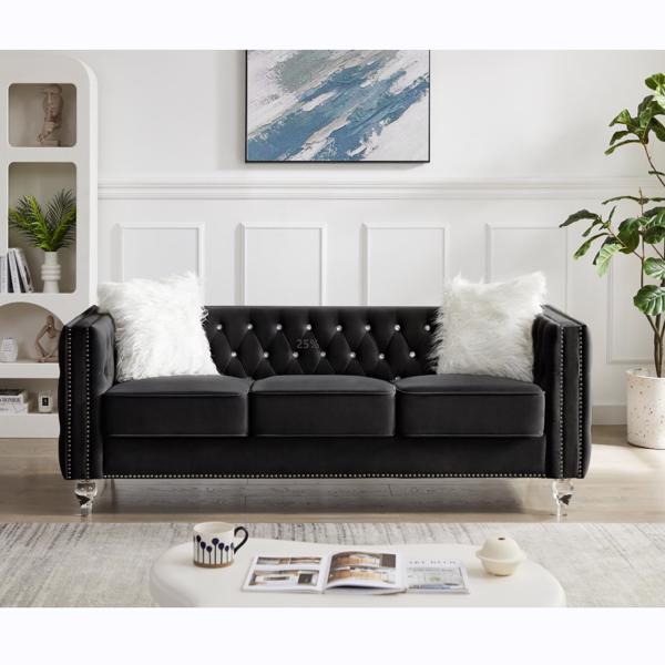 Black, 2+3 Seat Sofa Set, Velvet Crystal Buckle Upholstery Sofa, Crystal Feet, Removable Cushion, Four Plush Pillow