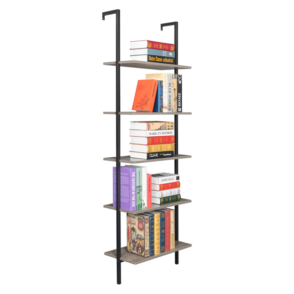 5-Shelf Wood Ladder Bookcase with Metal Frame, Industrial 5-Tier Modern Ladder Shelf Wood Shelves,Gray