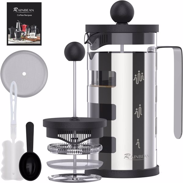 French Press Cafetiere 4 Cups, Stainless Steel Body Shell Coffee Maker- Heat Resistant - Stainless Steel Filter Coffee Press for Coffee Lover (Silver, 600 ml/4 cups)