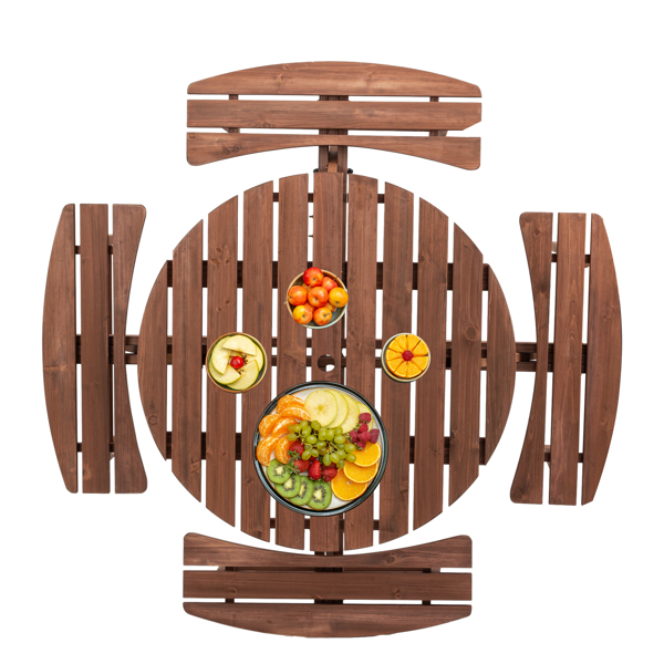 8-Person Outdoor Circular Wooden Picnic Table with 4 Built-in Benches for Patio Backyard Garden, Brown