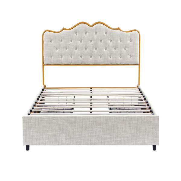 Classic steamed bread shaped backrest, metal frame, solid wood ribs, with four storage drawers, sponge soft bag, comfortable and elegant atmosphere, light gray, Full- size, F sleeping bed