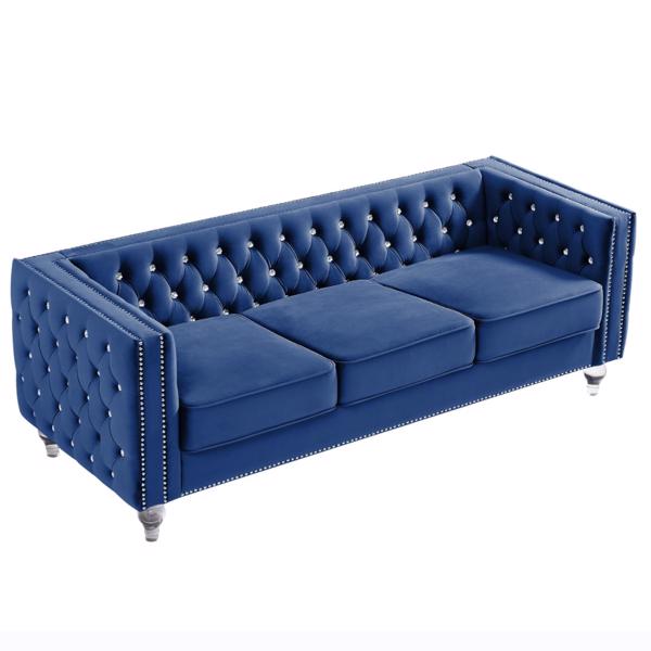 Navy Blue, Three-seater Sofa, Velvet Crystal Buckle Upholstery Sofa, Crystal Feet, Removable Cushion, Two Plush Pillow