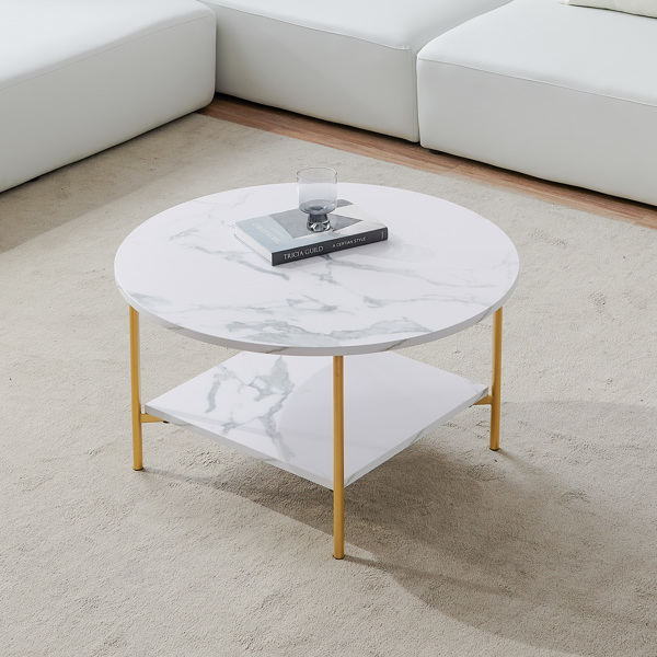 Modern Round coffee table with storage, Golden metal frame with marble color top-31.5"