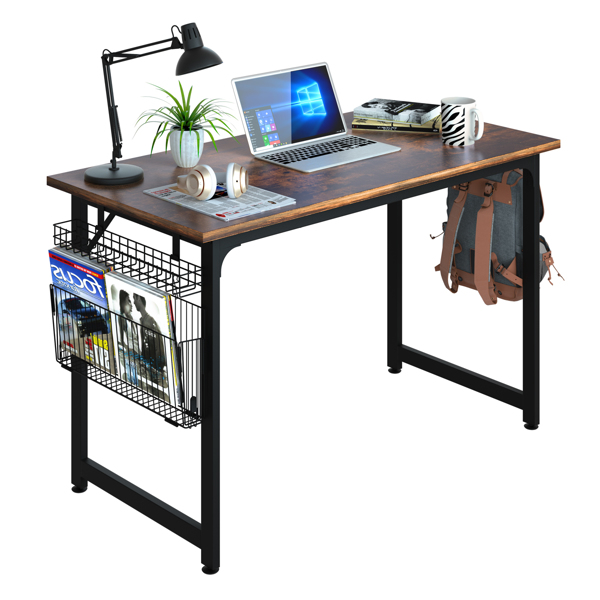 Study Computer Desk-40 Inch Home Office Desk, Wood Storage Table, Modern Writing Style Laptop Table, Black Metal Frame, PC Table with Storage Basket and Headphone Hooks, Rustic Brown