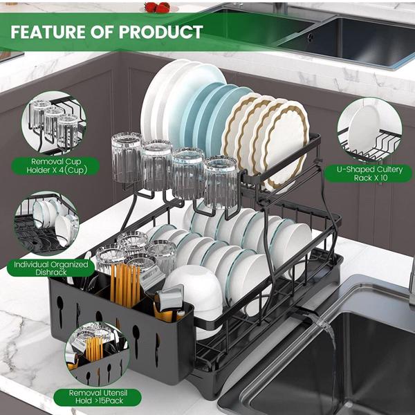 2 Tier Dish Rack for Kitchen Counter,Dish Drying Rack with 360°Drainage,Dish Drainboard Set with Cutlery Holder and 4 Cup Holder,Dish drainers Over Sink Drying Rack On Counter