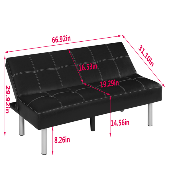 Three-person foldable sofa bed, PU leather, solid wood frame and metal foot support，Can be laid flat as a bed.