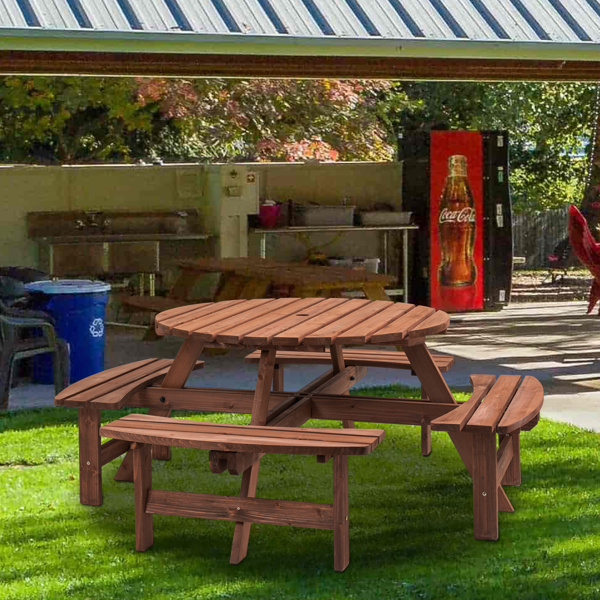 8-Person Outdoor Circular Wooden Picnic Table with 4 Built-in Benches for Patio Backyard Garden, Brown