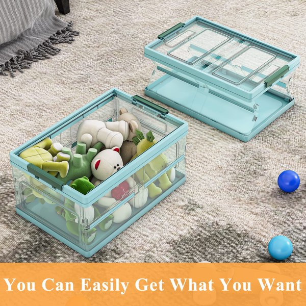  2 Pack Collapsible Storage Bins with Lids, Clear Plastic Foldable Storage Box, Stackable Storage Containers for Organizing, Blue