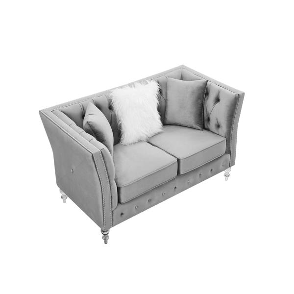 Gray, Velvet, Two-Seater Sofa, Acrylic Feet, Cushion Combination Lounge Sofa, Deep Tufted Button Luxury Sofa for Living Room