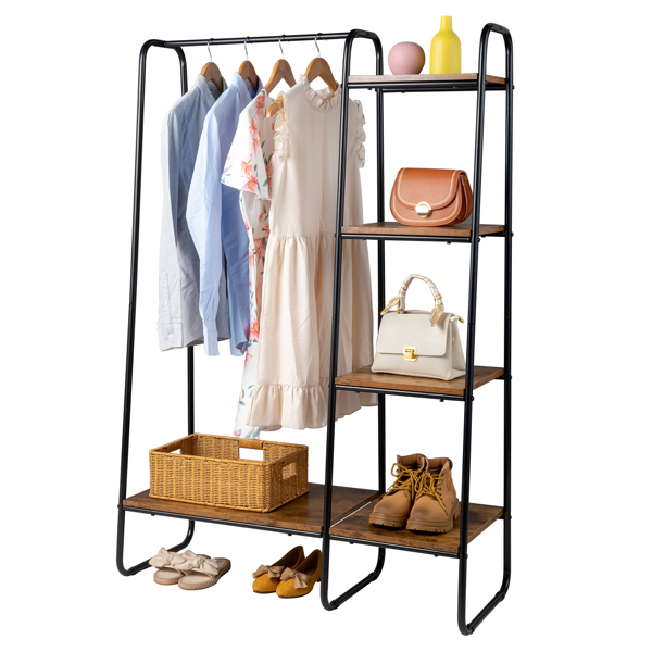 Clothes Rack with 5 Wood Shelf, Freestanding Clothing Rack，Garment Rack, Standing Metal Sturdy Clothing Rack, Black