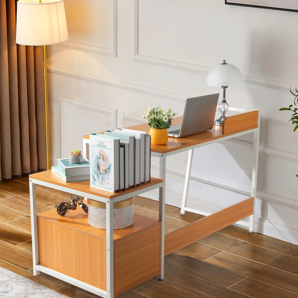 FCH Beech Color Triamine Particleboard White Iron Pipe Cabinet with Drawer 2*USB Port 2*Three Sockets Wireless Charging Computer Desk