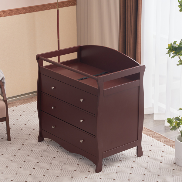 90*58*99cm Three Drawers With Seat Belt Baby Wooden Bed Nursing Table Brown