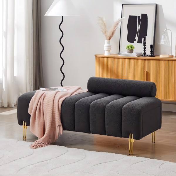 New design pull out storage compartment footstool sofa, teddy velvet material, solid wood frame, metal feet, can be used in living room, study room and many other occasions.-grey