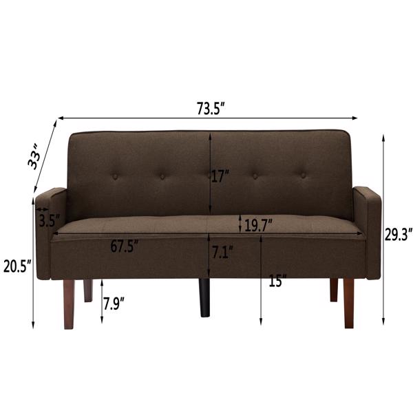 Brown Sofa Bed, Modern Linen Sofa, Convertible Sleeper Sofa with Arms, Solid Wood Feet and Plastic Centre Feet