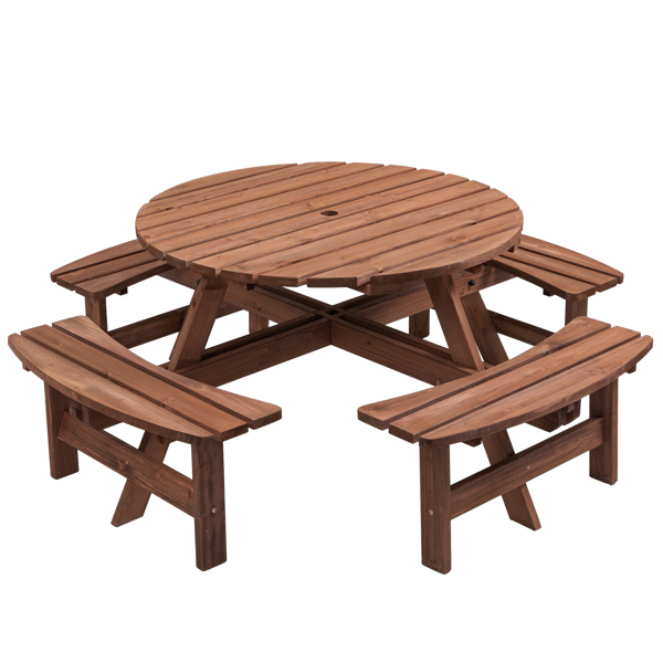 8-Person Outdoor Circular Wooden Picnic Table with 4 Built-in Benches for Patio Backyard Garden, Brown