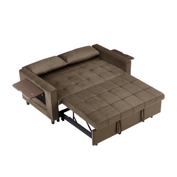 Light Brown, Modern Velvet Recliner Sofa with Pullout Bed, Converts to Sofa Bed, Side Coffee Table, Adjustable Backrest, 2 Lumbar Pillows