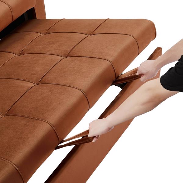 Caramel, Modern Velvet Recliner Sofa with Pullout Bed, Converts to Sofa Bed, Side Coffee Table, Adjustable Backrest, 2 Lumbar Pillows