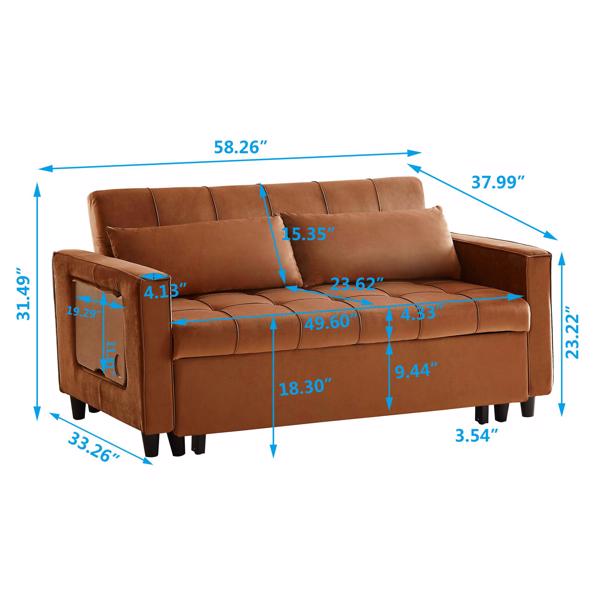 Caramel, Modern Velvet Recliner Sofa with Pullout Bed, Converts to Sofa Bed, Side Coffee Table, Adjustable Backrest, 2 Lumbar Pillows