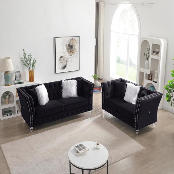 Black, Velvet, 2+3 Seat Sofa Set, Cushion Combination Lounge Sofa, Deep Tufted Button Luxury Sofa for Living Room(LTL delivery time is relatively long, please provide a real phone number)