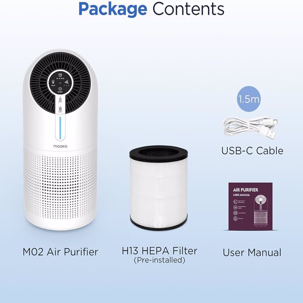 MOOKA Air Purifiers for Home Large Room 1095ft², H13 HEPA Filter Air Cleaner with USB Cable for Pets Smokers Remove Pollen Dust Smoke Dander for Bedroom Office (WALMART, TEMU, TIKTOK 禁售,FBA发货）