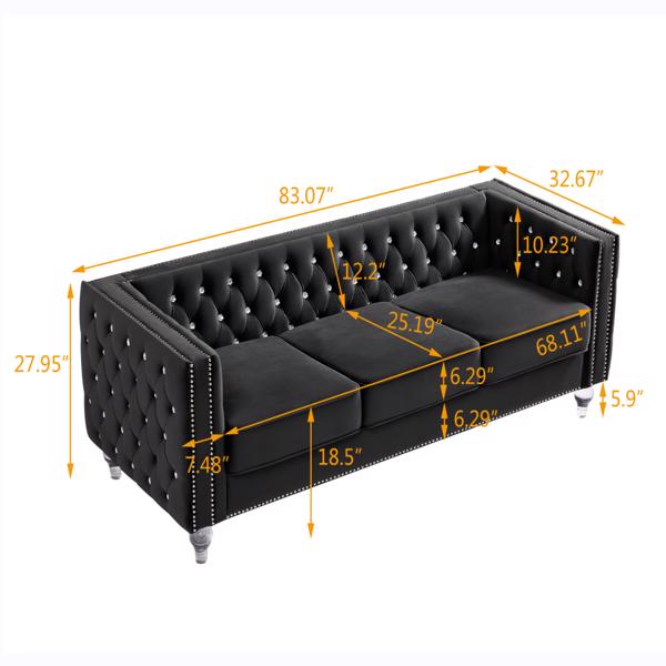 Black, Three-seater Sofa, Velvet Crystal Buckle Upholstery Sofa, Crystal Feet, Removable Cushion, Two Plush Pillow