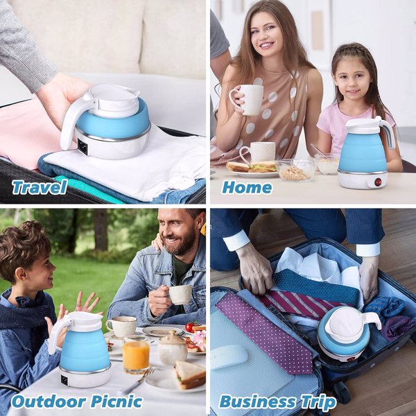 Foldable Electric Kettle, Camping Kettle, Mini Travel Kettle, Silicone Electric Water Boiler, Tea, Coffee Kettle, Collapsible Kettle with Separable Power Cord for Outdoor Hiking Camping—Blue