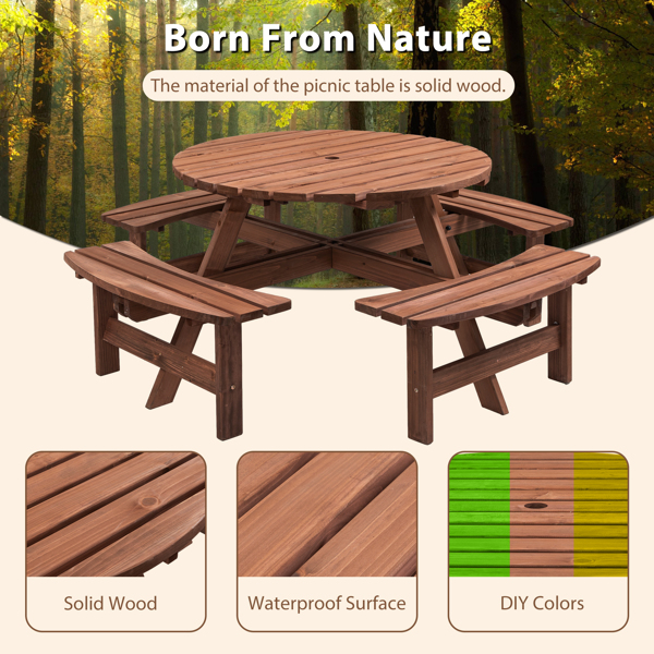 8-Person Outdoor Circular Wooden Picnic Table with 4 Built-in Benches for Patio Backyard Garden, Brown