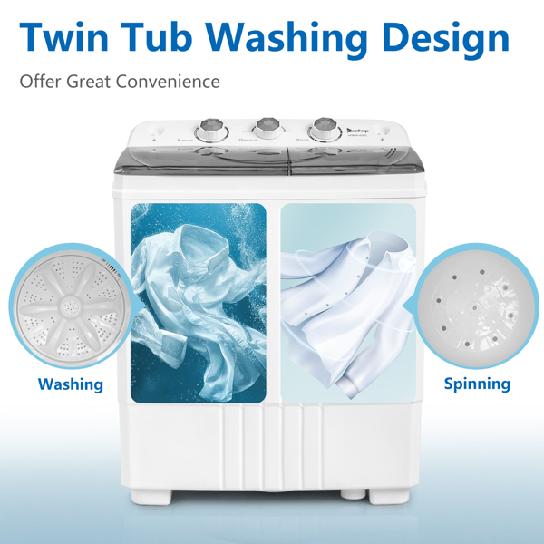 Twin Tub with Built-in Drain Pump XPB45-428S 20Lbs Semi-automatic Twin Tube Washing Machine for Apartment, Dorms, RVs, Camping and More, White&grey US Standard