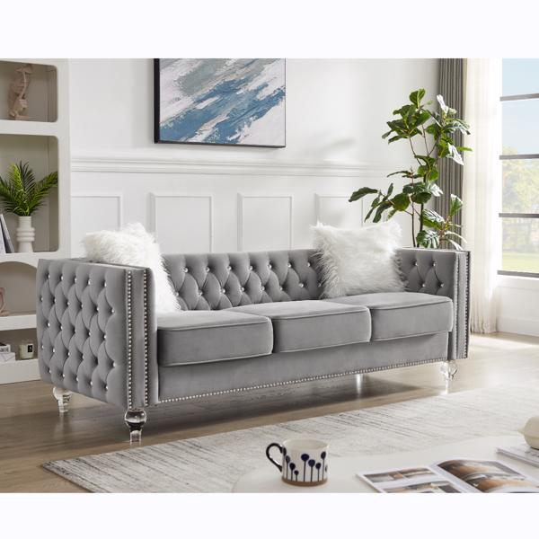 Gray, Three-seater Sofa, Velvet Crystal Buckle Upholstery Sofa, Crystal Feet, Removable Cushion, Two Plush Pillow