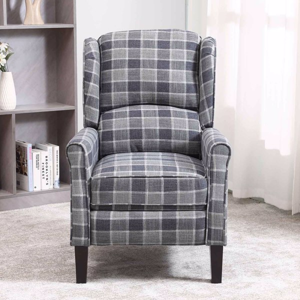 Tartan Reclining Chairs Wing Back, Recliner Armchairs Soft Upholstered w/Adjustable Backrest and Footrest, Retro Checked Leisure Single Sofa For Living Room Bedroom