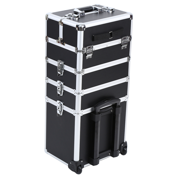 4 in 1 Universal Large Aluminum Frame Beauty Case Make up Cosmetics Rolling Case Trolley Trunk Vanity Professional Portable Organizer Box, Silver and Black