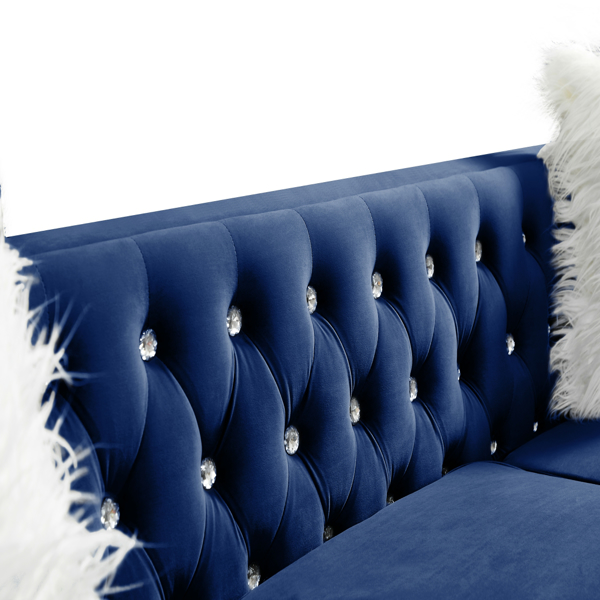 Navy Blue, Two-seater Sofa, Velvet Crystal Buckle Upholstery Sofa, Crystal Feet, Removable Cushion, Two Plush Pillow