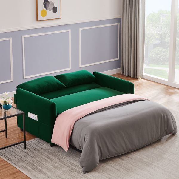 Double seat sofa bed sofa with pull-out bed, adjustable backrest with 2 lumbar pillows for small living rooms, apartments, etc.-Dark Green