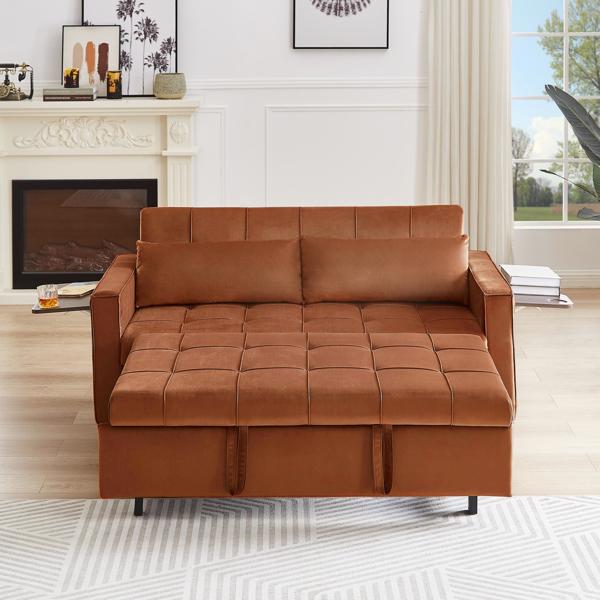 Caramel, Modern Velvet Recliner Sofa with Pullout Bed, Converts to Sofa Bed, Side Coffee Table, Adjustable Backrest, 2 Lumbar Pillows