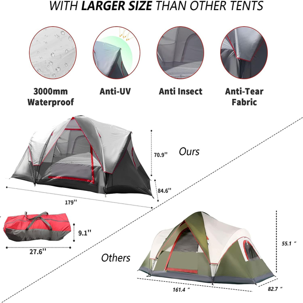 6 Family Camping Tents, Outdoor Double Layers Waterproof Windproof with Top Roof Rainproof and Large Mesh Windows Portable Easy Set Up Camping Gear with Carry Bag for All Seasons