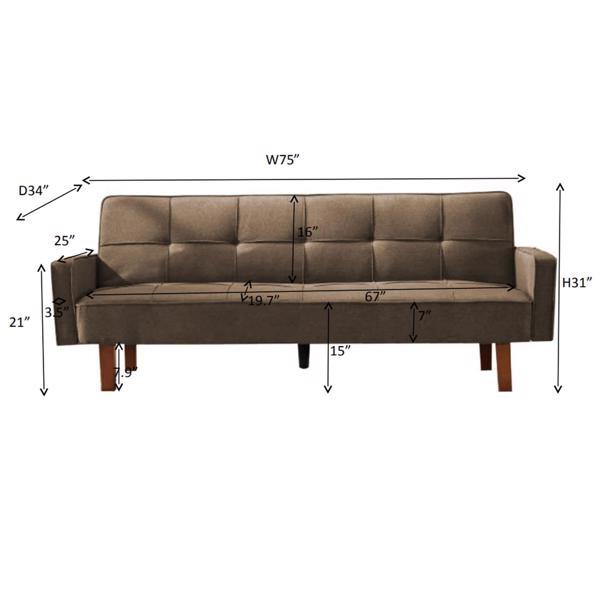Brown Linen Sofa Bed, Convertible Sleeper Sofa with Arms, Solid Wood Feet and Plastic Centre Legs