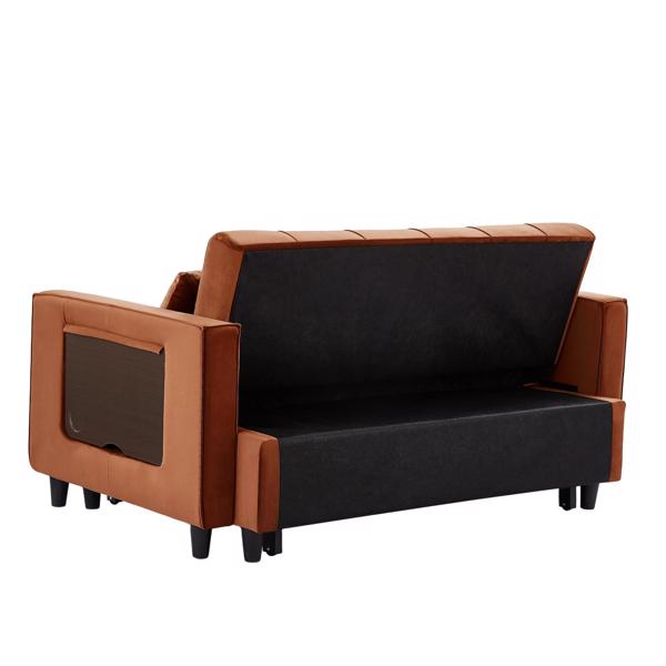 Caramel, Modern Velvet Recliner Sofa with Pullout Bed, Converts to Sofa Bed, Side Coffee Table, Adjustable Backrest, 2 Lumbar Pillows