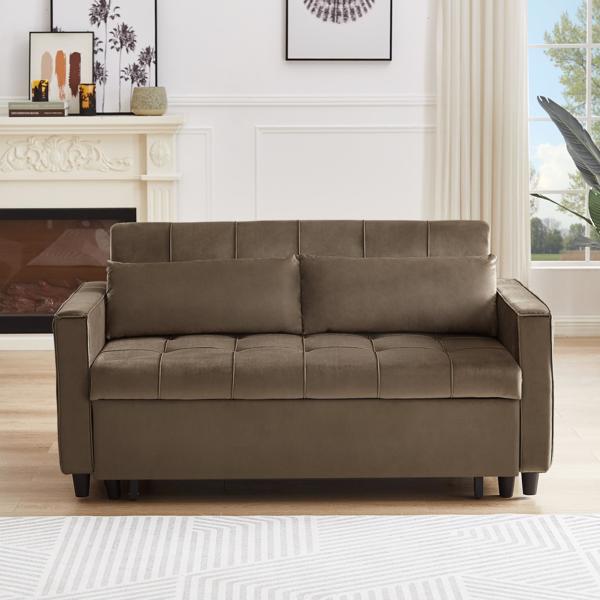 Light Brown, Modern Velvet Recliner Sofa with Pullout Bed, Converts to Sofa Bed, Side Coffee Table, Adjustable Backrest, 2 Lumbar Pillows