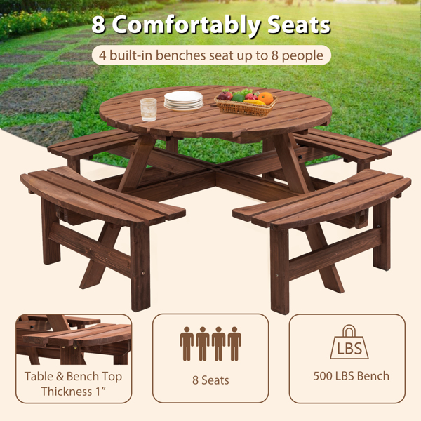 8-Person Outdoor Circular Wooden Picnic Table with 4 Built-in Benches for Patio Backyard Garden, Brown